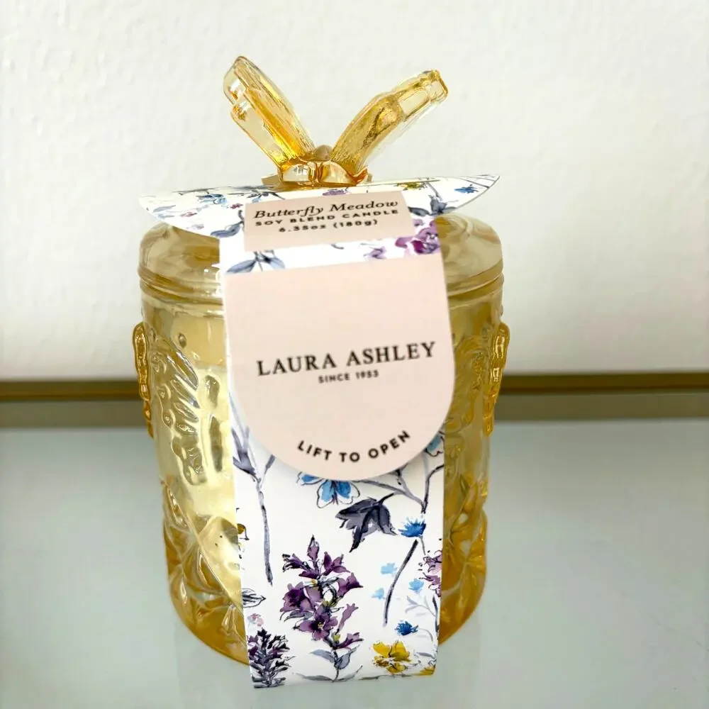 Laura Ashley BUTTERFY MEADOW Soy Blend Candle in Decorative Yellow Jar w/ Lid